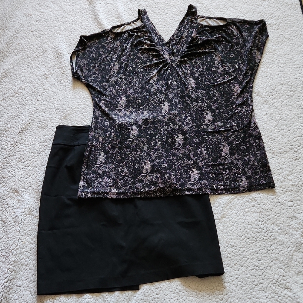 Affinity Travel Knits Whimsigoth Top & Lane Bryant Black Mini Skirt BUNDLE Sz 18